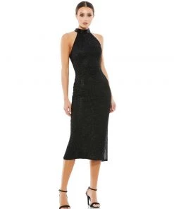 Mac Duggal Beaded High Neck Halter Midi Cocktail Dress Shop For