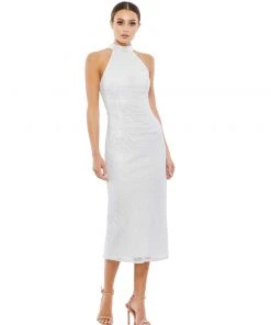Mac Duggal Beaded High Neck Halter Midi Cocktail Dress Shop For