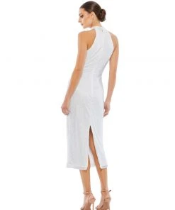 Mac Duggal Beaded High Neck Halter Midi Cocktail Dress Shop For