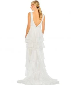 Ieena For Mac Duggal Shop For Plunge Neck Ruffled Hi-Low Chiffon Gown