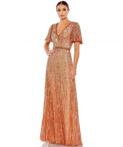 Mac Duggal Embellished V Neck Butterfly Sleeve Column Gown Shop For