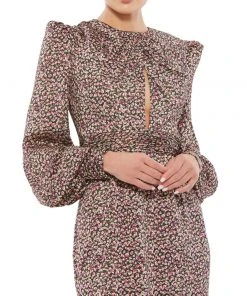 Ieena For Mac Duggal Floral Print Keyhole Long Sleeve Mini Dress