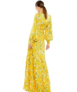 Ieena For Mac Duggal Floral Bishop Long Sleeve V Neck Gown Shop For