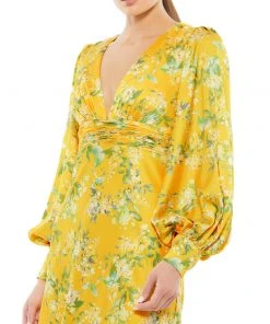 Ieena For Mac Duggal Floral Bishop Long Sleeve V Neck Gown Shop For