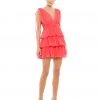 Ieena For Mac Duggal Pleated V Neck Tiered Ruffle Mini Dress