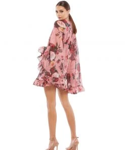 Ieena For Mac Duggal Floral Print Ruffle Cape Mini Dress