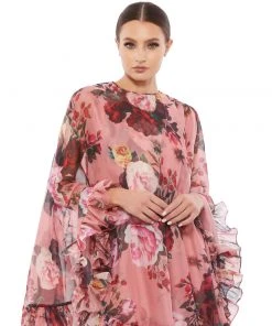 Ieena For Mac Duggal Floral Print Ruffle Cape Mini Dress