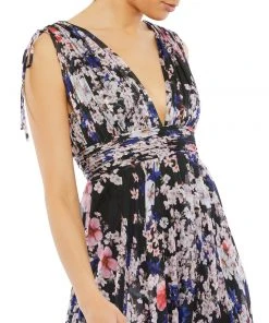 Ieena For Mac Duggal Floral Tie Shoulder V-Neck Maxi Dress