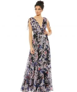 Ieena For Mac Duggal Floral Tie Shoulder V-Neck Maxi Dress