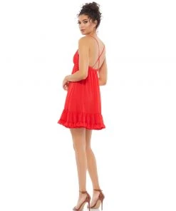 Ieena For Mac Duggal Shop For Ruffle V-Neck Criss-Cross Mini Dress