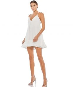 Mac Duggal White Ruffle V-Neck Criss-Cross Mini Dress | Final Sale Shop For