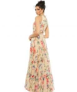 Ieena For Mac Duggal Floral Button High Neck Maxi Dress