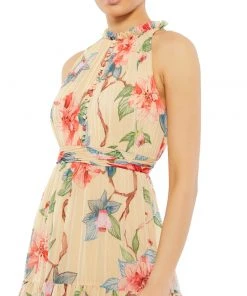 Ieena For Mac Duggal Floral Button High Neck Maxi Dress