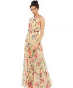 Ieena For Mac Duggal Floral Button High Neck Maxi Dress