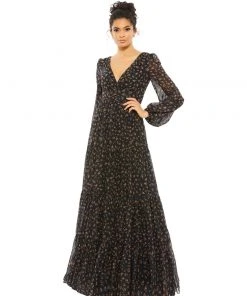 Ieena For Mac Duggal Floral Tiered Long Sleeve Maxi Dress