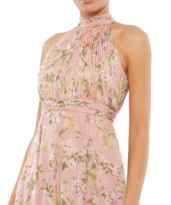 Ieena For Mac Duggal Pleated Halter Neck Floral Dress Cocktail Dresses