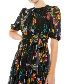 Ieena For Mac Duggal Floral Pattern High Neck Belted Midi Dress Shop For