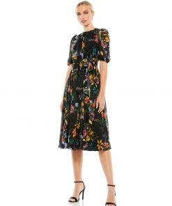 Ieena For Mac Duggal Floral Pattern High Neck Belted Midi Dress Shop For