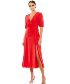 Ieena For Mac Duggal V Neck Bow Detail Flowy Midi Dress Shop For