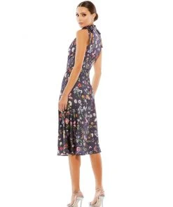 Ieena For Mac Duggal Floral Print Tie Neck Midi Dress Wedding Guest