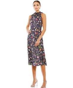 Ieena For Mac Duggal Floral Print Tie Neck Midi Dress Wedding Guest