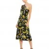 Ieena For Mac Duggal Floral Print Draped One Shoulder Midi Dress