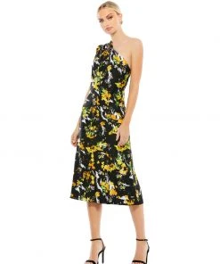 Ieena For Mac Duggal Floral Print Draped One Shoulder Midi Dress