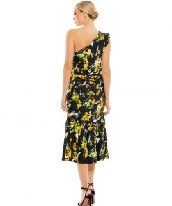 Ieena For Mac Duggal Floral Print Draped One Shoulder Midi Dress