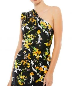 Ieena For Mac Duggal Floral Print Draped One Shoulder Midi Dress