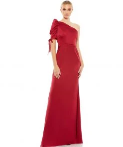 Ieena For Mac Duggal Satin One Shoulder Puff Sleeve Trumpet Gown