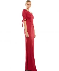 Ieena For Mac Duggal Satin One Shoulder Puff Sleeve Trumpet Gown