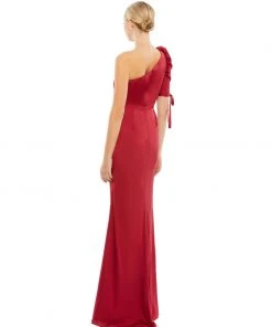 Ieena For Mac Duggal Satin One Shoulder Puff Sleeve Trumpet Gown