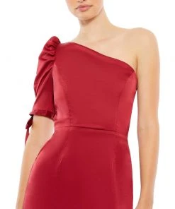 Ieena For Mac Duggal Satin One Shoulder Puff Sleeve Trumpet Gown