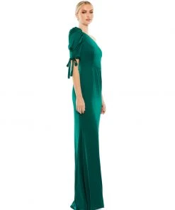 Ieena For Mac Duggal Satin One Shoulder Puff Sleeve Trumpet Gown