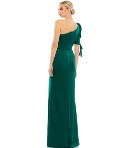 Ieena For Mac Duggal Satin One Shoulder Puff Sleeve Trumpet Gown