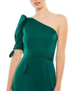 Ieena For Mac Duggal Satin One Shoulder Puff Sleeve Trumpet Gown