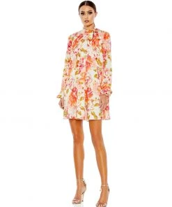 Ieena For Mac Duggal Floral Print High Neck Tie Puff Sleeve Flowy Mini Dress