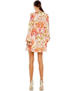 Ieena For Mac Duggal Floral Print High Neck Tie Puff Sleeve Flowy Mini Dress