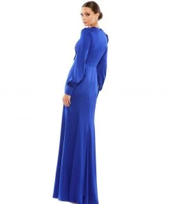 Ieena For Mac Duggal Satin Ruched Bishop Sleeve Gown Shop For