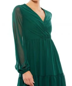 Ieena For Mac Duggal Ruched V-Neck Tiered Midi Dress