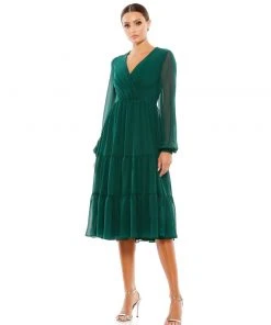 Ieena For Mac Duggal Ruched V-Neck Tiered Midi Dress