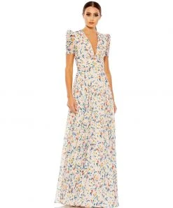 Ieena For Mac Duggal Floral Print V Neck Puff Sleeve Flowy Gown