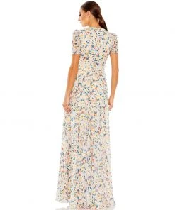 Ieena For Mac Duggal Floral Print V Neck Puff Sleeve Flowy Gown