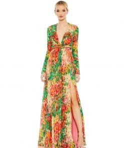 Ieena For Mac Duggal Floral Print Front Twist V Neck Long Sleeve Gown