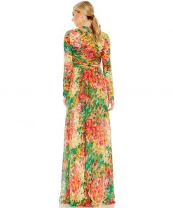Ieena For Mac Duggal Floral Print Front Twist V Neck Long Sleeve Gown