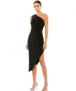 Ieena For Mac Duggal Shop For Pearl Encrusted One Shoulder Asymmetrical Hem Mid