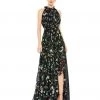 Ieena For Mac Duggal Floral Print Asymmetrical Ruffle Slit Halter Gown