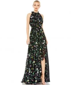 Ieena For Mac Duggal Floral Print Asymmetrical Ruffle Slit Halter Gown