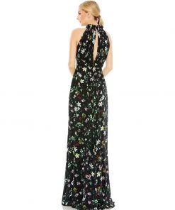 Ieena For Mac Duggal Floral Print Asymmetrical Ruffle Slit Halter Gown