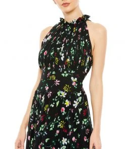 Ieena For Mac Duggal Floral Print Asymmetrical Ruffle Slit Halter Gown